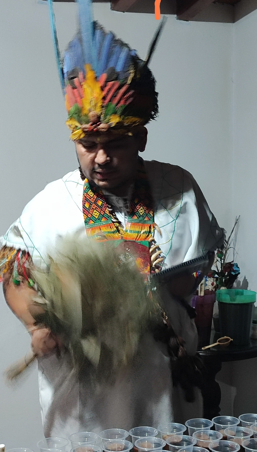 Hombre con atuendo tradicional indígena y tocado de plumas azules, amarillas y rojas realizando el yagé para ceremonia